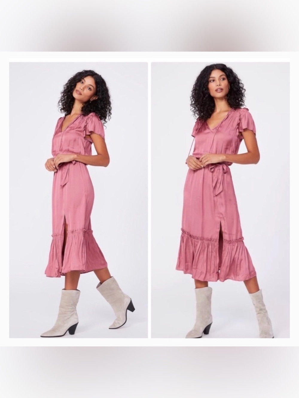 PAIGE Laramie Midi Dress Pink Satin Ruffle Midi Dress XS - Picture 3 of 6